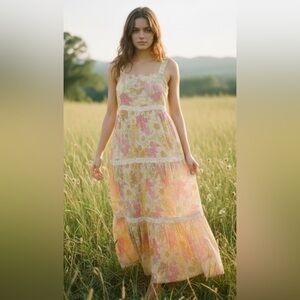 Vintage-Inspired Floral Tiered Sundress & Silk Blouse Set (American EagleSize S)